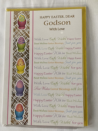 Happy Easter Dear Godson With Love Easter Card White-Multi Words/Multi Easter Eggs Foil Detail