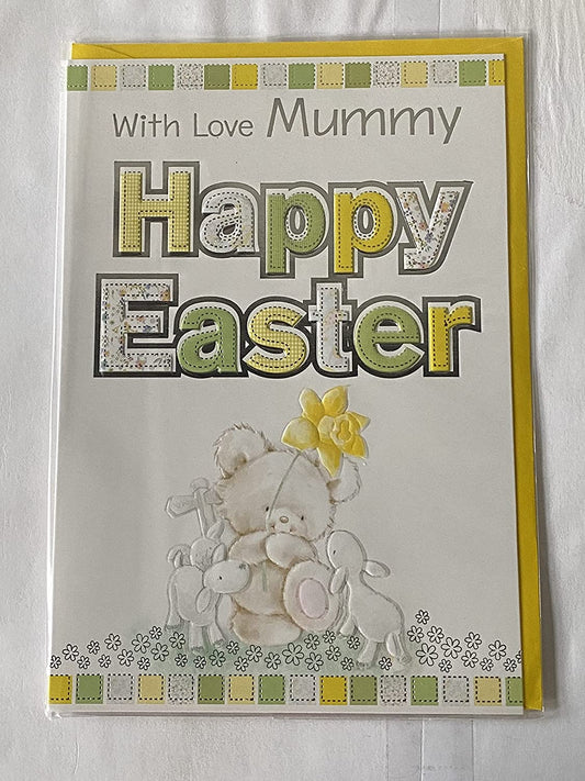 With Love Mummy Happy Easter Card Yellow/Green Words/Teddy Holding 1 Daffodil Foil Detail(PH36819A)