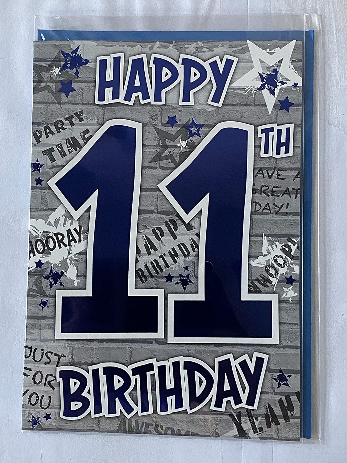 Boys Male Age 11 11th Eleven Eleventh Happy 11th Birthday Card Grey/Blue Graffiti Wall/Words Foil Detail(PH43417-1A)