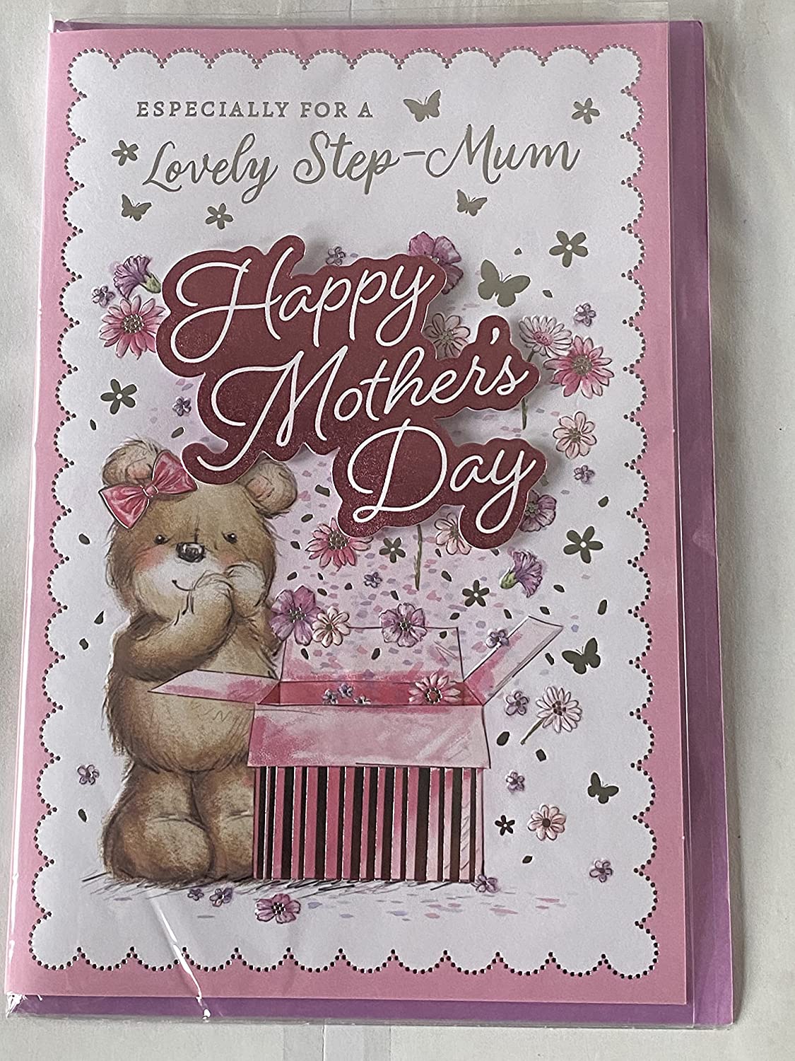 Especially For A Lovely Step-Mum Happy Mother's Day Mothers Day Card Teddy/Pink Present/Flowers/Butterflies 3D/Foil Detail