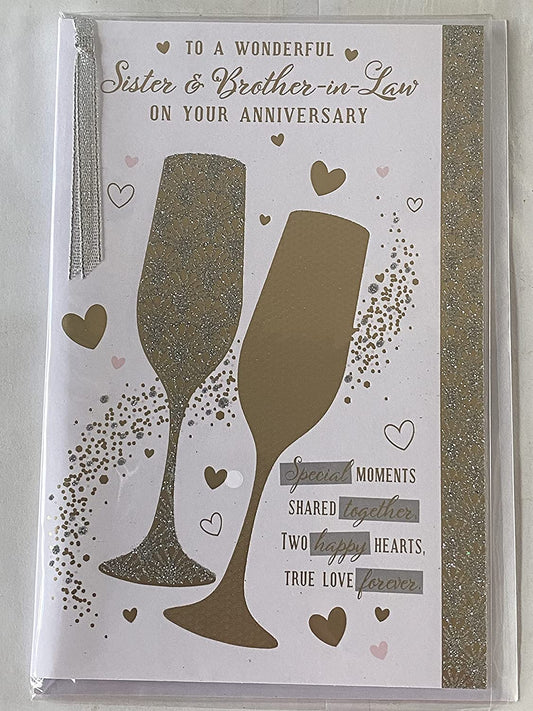 To A Wonderful Sister & Brother-In-Law On Your Anniversary Wedding Anniversary Card Gold/Silver Flutes/Words Glitter/Ribbon/Foil Detail