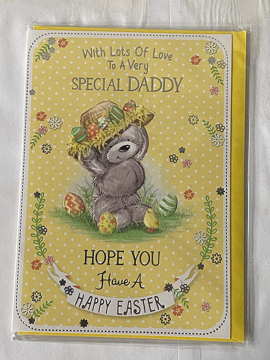 With Lots Of Love To A Very Special Daddy Hope You Have A Happy Easter Card Yellow-Teddy Easter Bonnet/Easter Eggs Foil Detail(PH41449E)