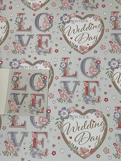 On Your Wedding Day Love Grey-Multi Words/Hearts/Flowers Wedding Day Wrapping Paper +Gift Tag-2X Sheets Wrapping Paper+1 Tag