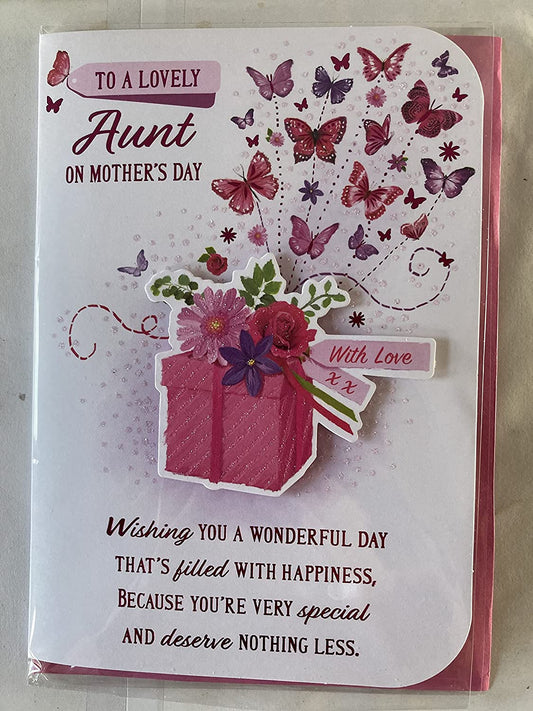 To A Lovely Aunt On Mother's Day Mothers Day Card Pink Present/Butterflies/Words 3D/Glitter/Foil Detail