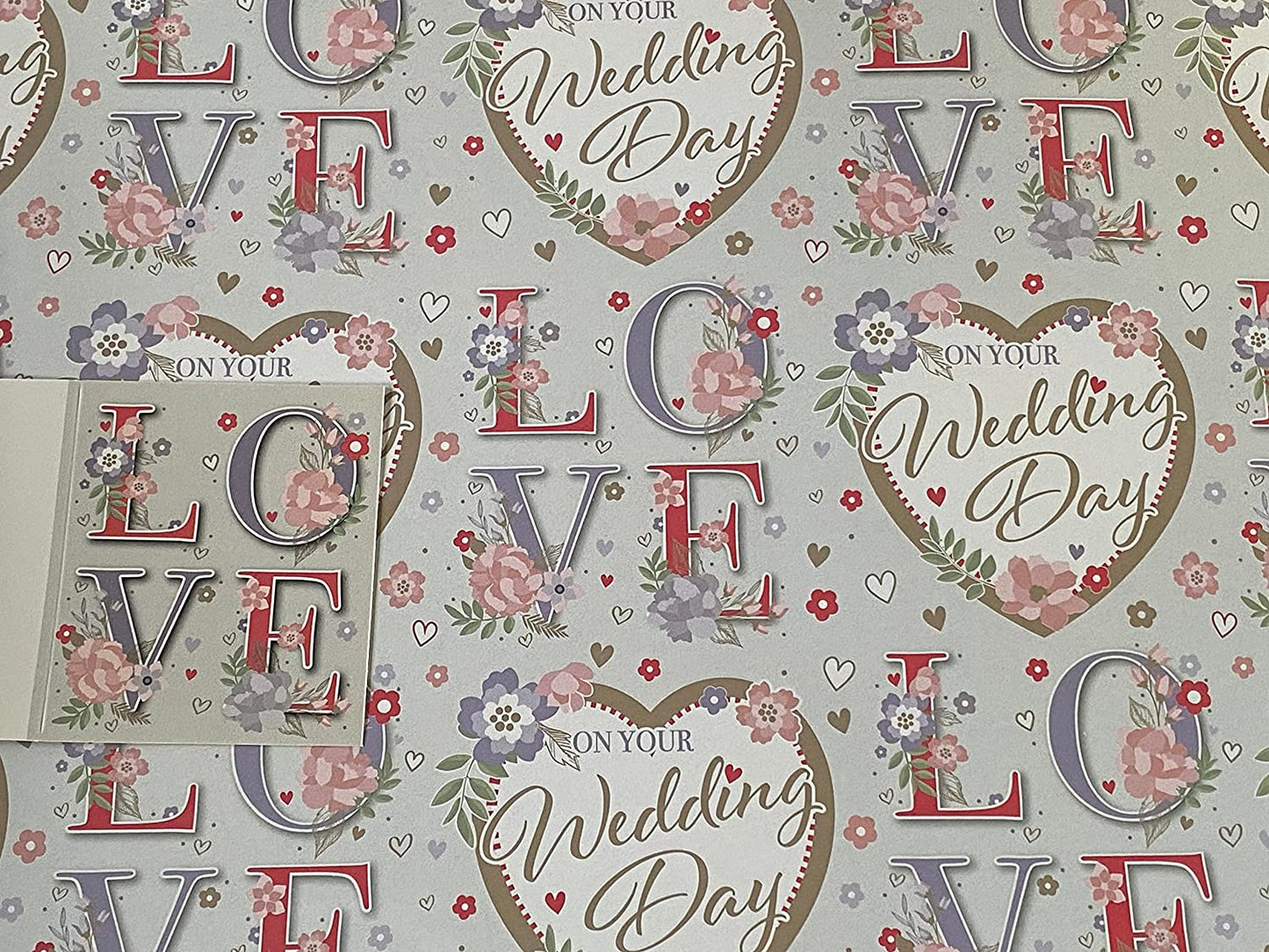 On Your Wedding Day Love Grey-Multi Words/Hearts/Flowers Wedding Day Wrapping Paper +Gift Tag-2X Sheets Wrapping Paper+1 Tag