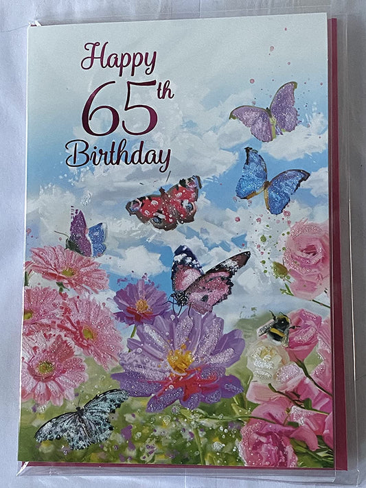 Ladies/Female Age 65 65th Sixty-Five Sixty-Fifth Happy 65th Birthday Card Multi Butterflies/Flowers Glitter/Foil Detail(NC-VA227A)